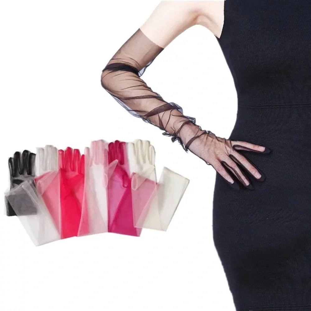 2PAIRS Mesh Kink Long Tulle Crumbling Taffeta Black High Gloves Transparent